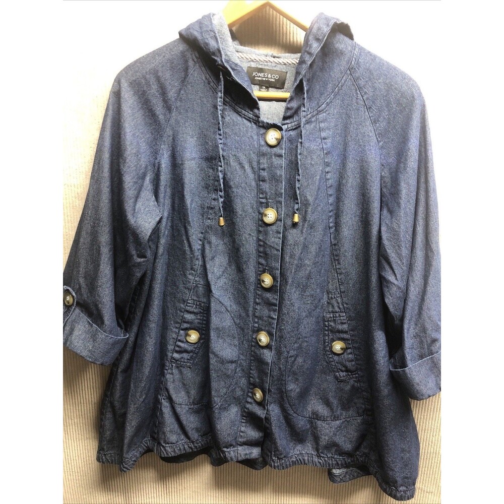 Jones New York Swing Denim Jacket Size 1X Lightweight Hood Perfume Cuff Sleeves